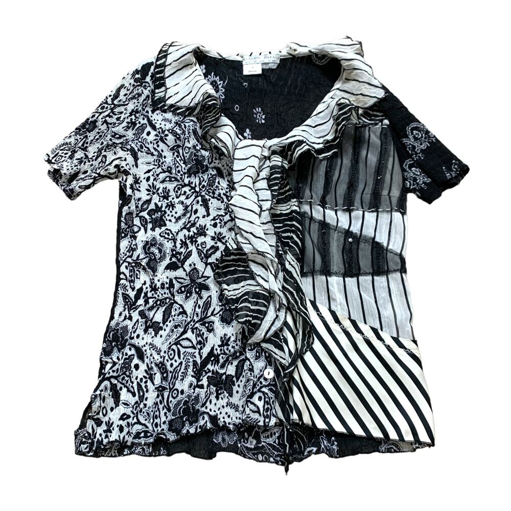 Alberto Makali Stripe Floral Grunge Fairy Ruffle Y2K Edgy Button Up Blouse